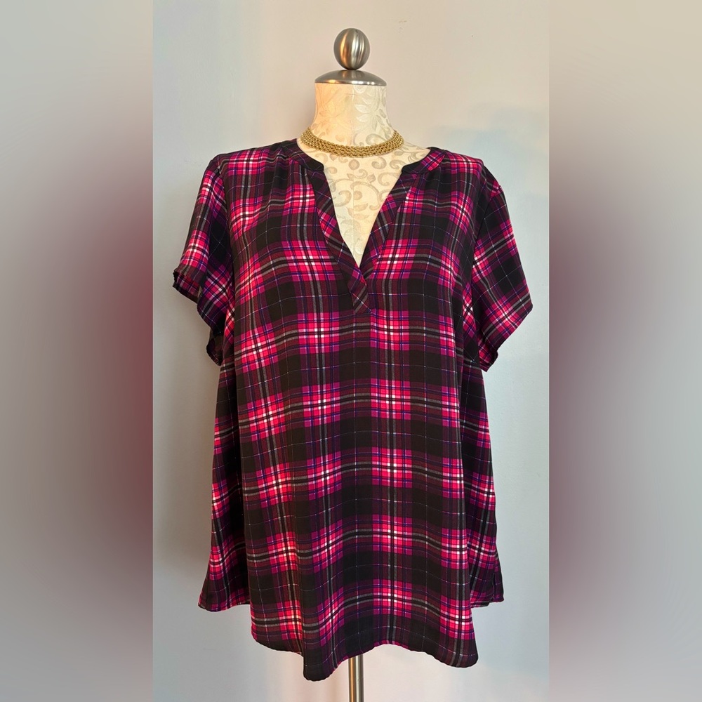 Torrid Gauze Short Sleeve Pullover Top In Pink& Black Plaid Print Size 2X    #47